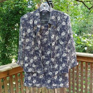 Vintage 100% Silk White Peony Floral Design on Black Blouse & Skirt Set Sz 6